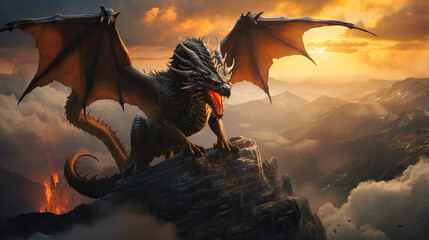Majestic dragon atop a rocky peak, Endless rolling hills covered in mist,