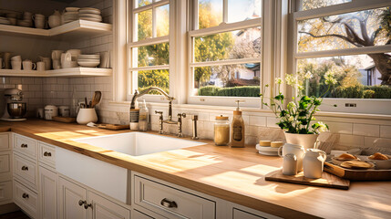 Kitchen with a farmhouse sink and shaker cabinets. - obrazy, fototapety, plakaty
