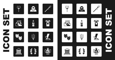 Set Medieval spear, Bottle of wine, Ancient ruins, Neptune Trident, Medusa Gorgon, Cyclops, Hermes sandal and Comedy tragedy masks icon. Vector