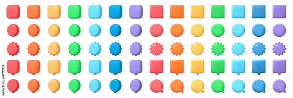 Aufkleber Big set of colorful glossy badge or button. 3d emblems, volunteer labels. Vector 3d cartoon style minimal buttons icons of different colors. Square and circle shapes, pin mark or speech bubbles