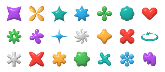 Trendy bright forms Y2K inspired vector set 3D abstract shapes perfect for creating trendy design background or poster. Colorful stars glitter, heart and flower, vibrant creative minimal forms