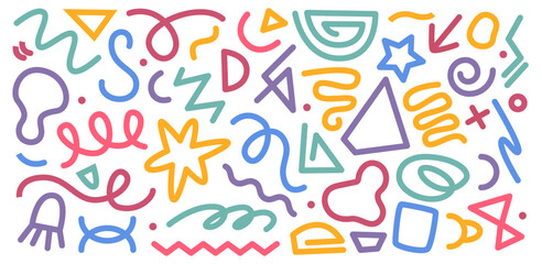 Colored various geometric hand drawn shapes, fun doodle line arrows set. Crown and lightning, lattice and squiggles. Vector geometric figures and objects. Abstract trendy banner and textures