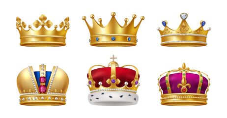 Set of crown in realistic design, golden royal jewelry symbol of king queen and princess, isolated icons. Sign of crowning prince authority. Crown jewels symbol of emperor, coronet sign vector © Sensvector