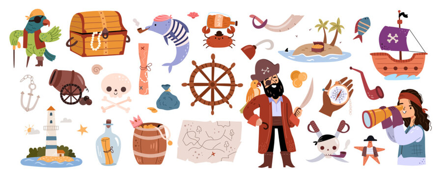 Cute pirate holding sword, piracy icons. Seashore with wooden treasure chest, parrot and fish, beacon and wheel, compass and naval navigation. Vector illustration in flat cartoon style