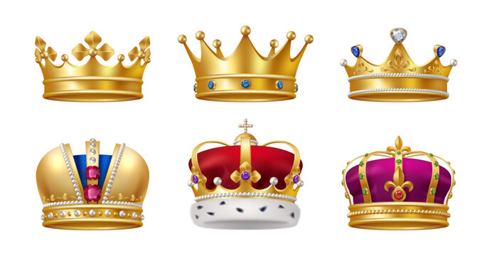 Set of crown in realistic design, golden royal jewelry symbol of king queen and princess, isolated icons. Sign of crowning prince authority. Crown jewels symbol of emperor, coronet sign vector