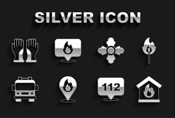 Set Location with fire flame, Burning match, Fire burning house, Emergency call, truck, Firefighter, gloves and icon. Vector