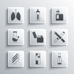 Set Lighter, Vape liquid bottle, Cigarette, rolling papers, Bong, Lungs and mod device icon. Vector