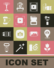 Set Photo mode macro, camera, Action extreme, Camera film roll cartridge, focus frame line, Studio light bulb softbox and SD card icon. Vector