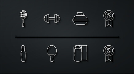 Set line Tennis racket, Bowling pin, Medal, Fitness mat roll, Racket for playing table tennis, Dumbbell, and Stone curling sport game icon. Vector