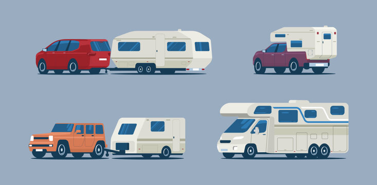 Set of different campers and caravan trailers. Vector illustration.
