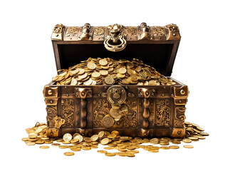 Open treasure chest full of gold coins isolated on transparent background. PNG file, cut out
