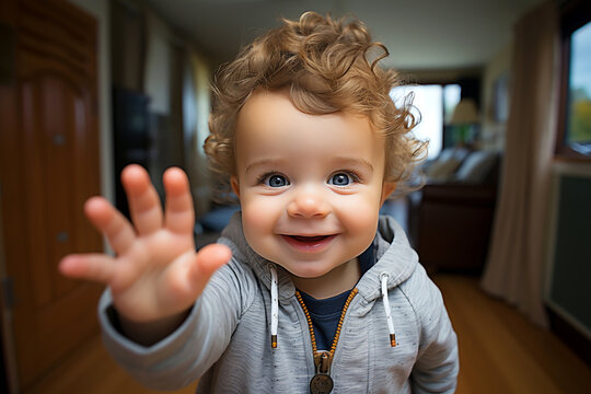 Cute smiling toddler child, boy is making taking selfie photo or video call by smartphone, saying hi waving hand to friends relatives by mobile phone. Modern parenting happy kid concept. 