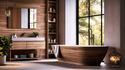 Bathroom with a standalone bathtub and wood accents - obrazy, fototapety, plakaty