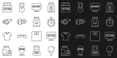 Set line Racket and ball, Location gym, Stopwatch, Tennis, Whistle, Sports nutrition and icon. Vector