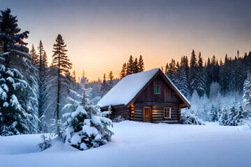 Fototapeta na wymiar A cozy winter cabin nestled in a snow-covered forest, smoke gently rising from the chimney, warm inviting light emanating from the windows, a sense of solitude and serenity