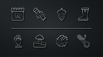 Set line Calendar with autumn leaves, Mulled wine, Waterproof rubber boot, Chestnut, Mushroom, Winter scarf, Meteorology thermometer and Acorn icon. Vector