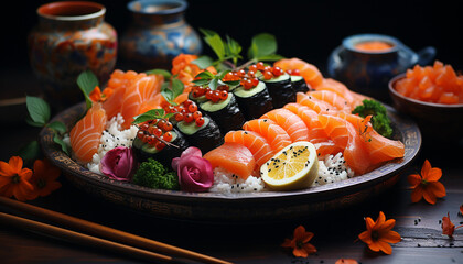 Freshness on a plate seafood, sashimi, fish, avocado, rice, maki sushi generated by AI