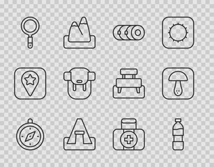 Set line Compass, Bottle of water, Blanket roll, Tourist tent, Magnifying glass, Hiking backpack, First aid kit and Mushroom icon. Vector