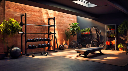 Home gym with wall-mounted equipment and rubber flooring - obrazy, fototapety, plakaty