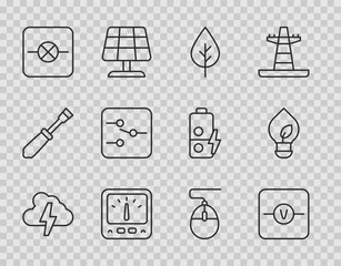 Set line Cloud and lightning, Voltmeter, Leaf Eco symbol, Ampere multimeter, Lamp electronic circuit, Switch, Computer mouse and Light bulb with leaf icon. Vector - obrazy, fototapety, plakaty