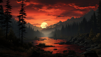 Tranquil scene sunset paints nature beauty on mountain landscape generated by AI