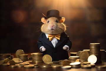 Hamster as a millionaire with golden coins. Making money concept. Generative AI - 652800394