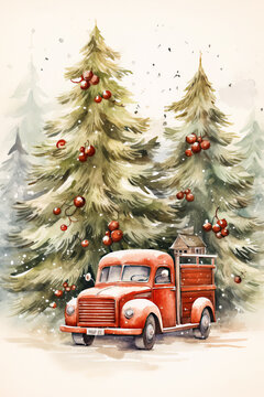 Watercolor Christmas Truck Digital Papers, Christmas Backgrounds, Xmas Red Truck Clipart, Winter Junk Journal Kit, Journal Digital Papers