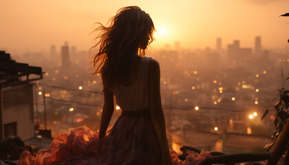 Young woman in a dress enjoys the sunset, city life generated by AI