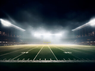 American football field at night underneath stadium lights - obrazy, fototapety, plakaty