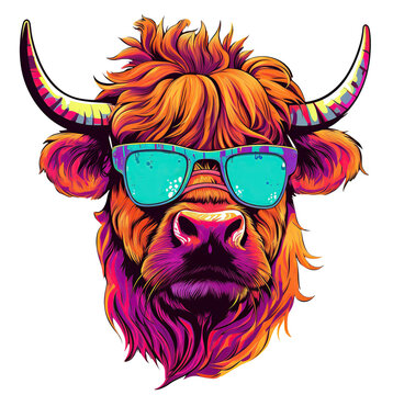Highland cow or yak bull wearing sunglasses. Vibrant pop art retro cartoon style. Isolated cutout on transparent background.