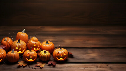 Jack o lantern Halloween symbol background Pumpkins on wooden board.