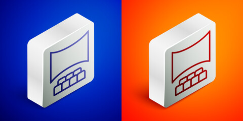 Isometric line Cinema auditorium with screen icon isolated on blue and orange background. Silver square button. Vector