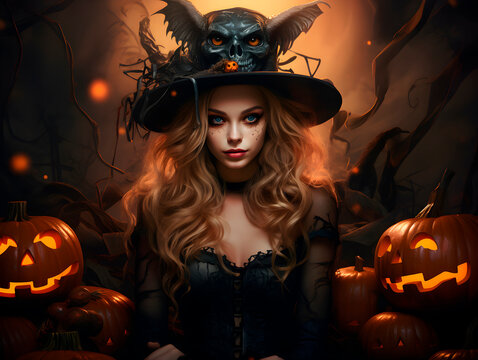 A lady in halloween atire looking straight into the camera smiling