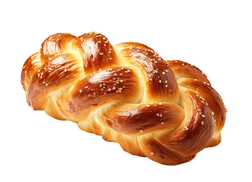 Homemade braided bread, challah decorated with sesame seeds. Isolated cutout on transparent or white background.