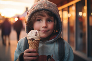 Autism kids having ice cream, Ice cream and mental health, picky eating, over thinking kid having ice cream in a cup, Happy boy eating ice cream, child mental illness concept photography - obrazy, fototapety, plakaty