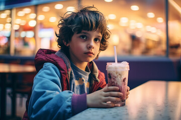 Autism kids having ice cream, Ice cream and mental health, picky eating, over thinking kid having ice cream in a cup, messy hair boy eating ice cream, child mental illness concept photography - obrazy, fototapety, plakaty