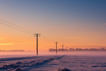champs en hiver traversé par des poteaux électrique au petit matin, vaste plaine au sol gelé et brume au ras du sol - obrazy, fototapety, plakaty