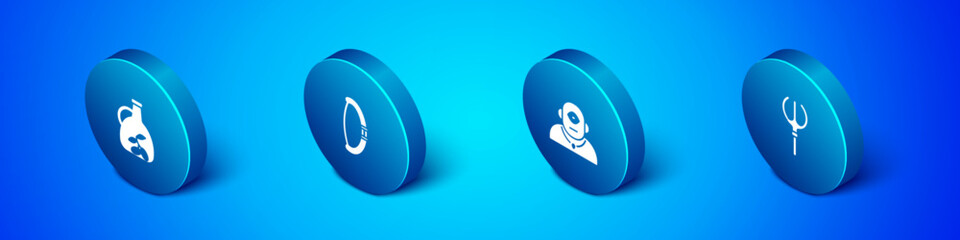 Set Isometric Bottle of olive oil, Cyclops, Neptune Trident and Medieval bow icon. Vector