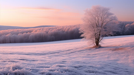 arbre isolé et gelé dans un champs en hiver, douce lumière du soir