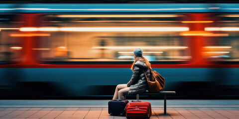 Obraz premium femme avec ses bagages attendant le train sur le quai de la gare, arrière plan flou avec le passage à grande vitesse d'un train