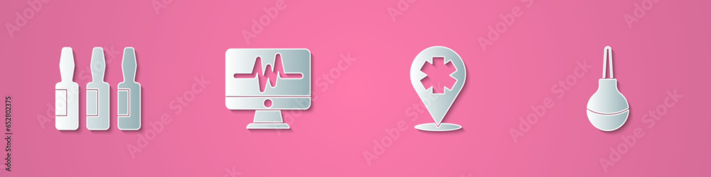 Poster set paper cut medical vial, ampoule, monitor with cardiogram, location cross hospital and enema icon