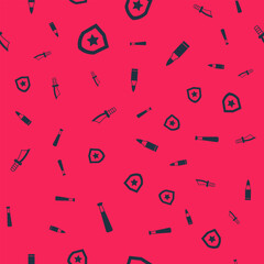 Set Baseball bat, Police badge, Military knife and Bullet on seamless pattern. Vector