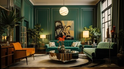 Classic living room interior with green sofa, armchair and plant , art deco green apartment. Ai generative - obrazy, fototapety, plakaty