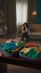 Obraz premium Vertical photo of a tenage girl sitting on the couch, sofa with a smartphone in her hands, thinking, being sad about moving out. Open suitcase laying on the foreground.