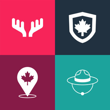Set pop art Canadian ranger hat, maple leaf, Canada flag on shield and Deer antlers icon. Vector