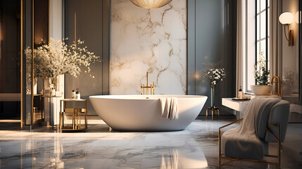 Luxurious bathroom with a freestanding tub and gold fixtures.
