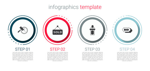 Set Auction hammer, sold, auctioneer sells and Bid. Business infographic template. Vector - obrazy, fototapety, plakaty