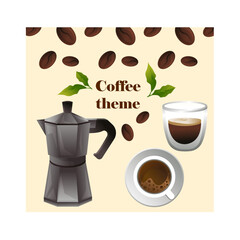 Coffee items set. Сoffee maker, mugs and beans