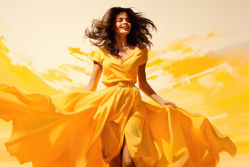 Happy young woman in yellow dress dancing