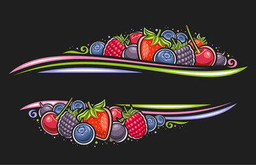 Vector border for Berries with copy space for text, decorative sign board with garden sweet strawberry, sour cherry berry, forest blackberries, ad voucher with many assorted berries on dark background